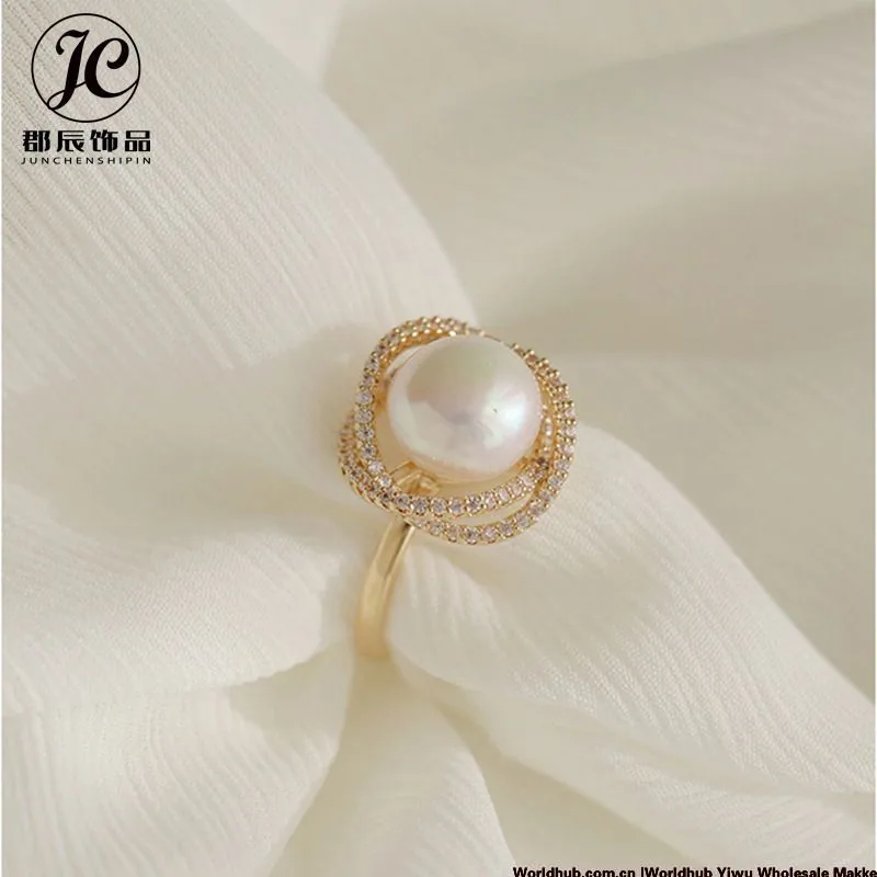Korean version of pearl ring womens light luxury simple niche versatile high-end sense, slightly inlaid zircon live adjus ring