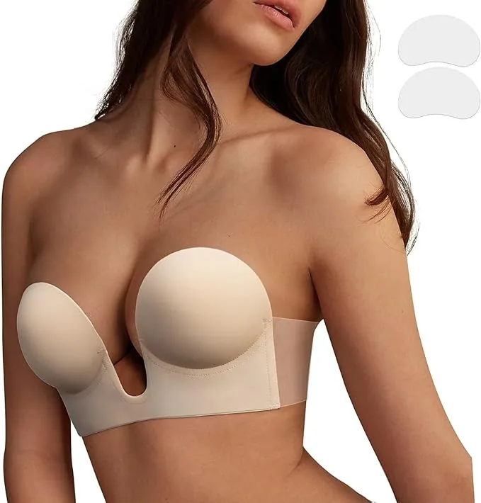 Deep V strapless adhesive bra front-closure design push-up lifting effect display wedding dress and evening gown matching sce