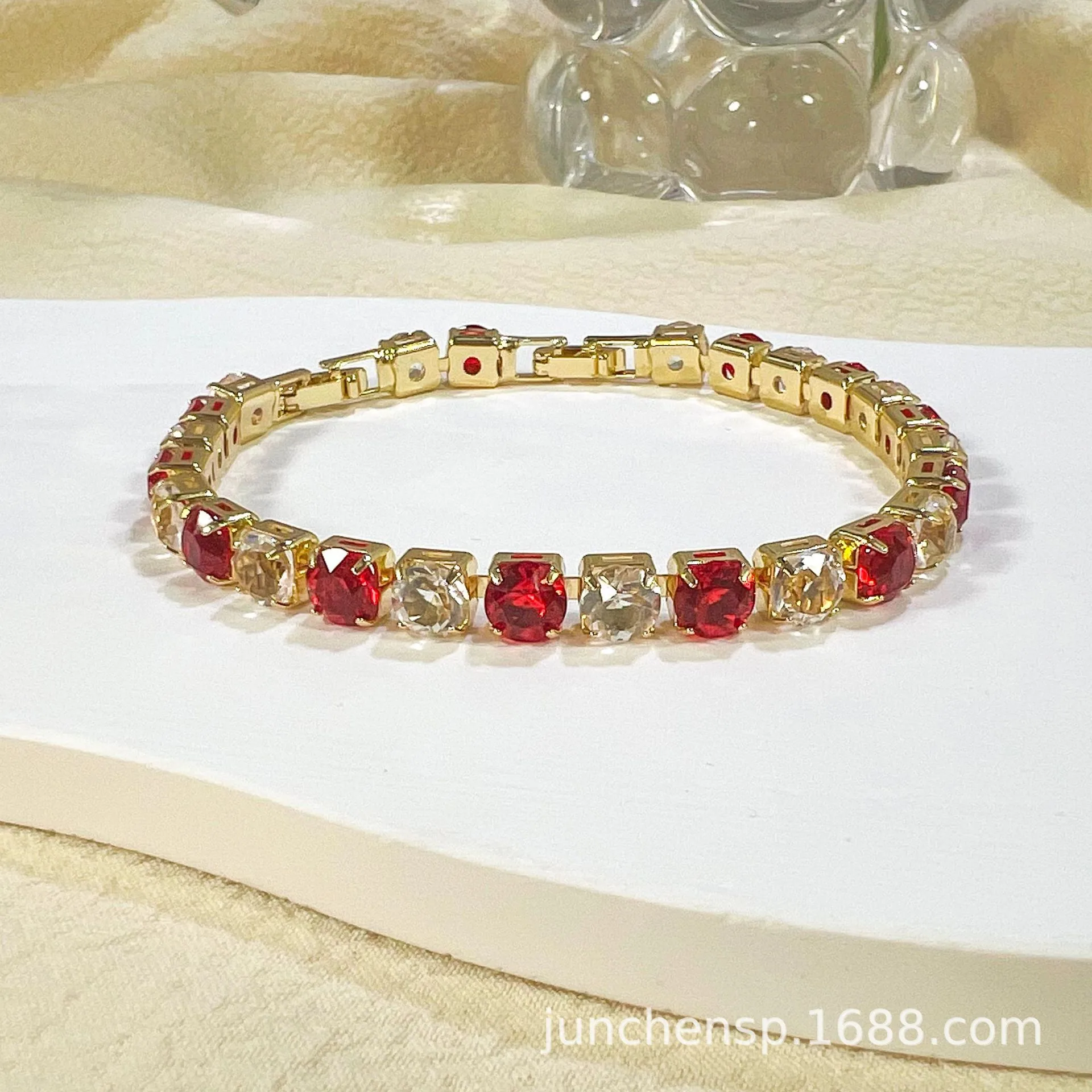Cross-border popular versatile high-end color square retro flash diamond zircon bracelet femininity personalized jewelry wholesa - Bracelets & Bangles