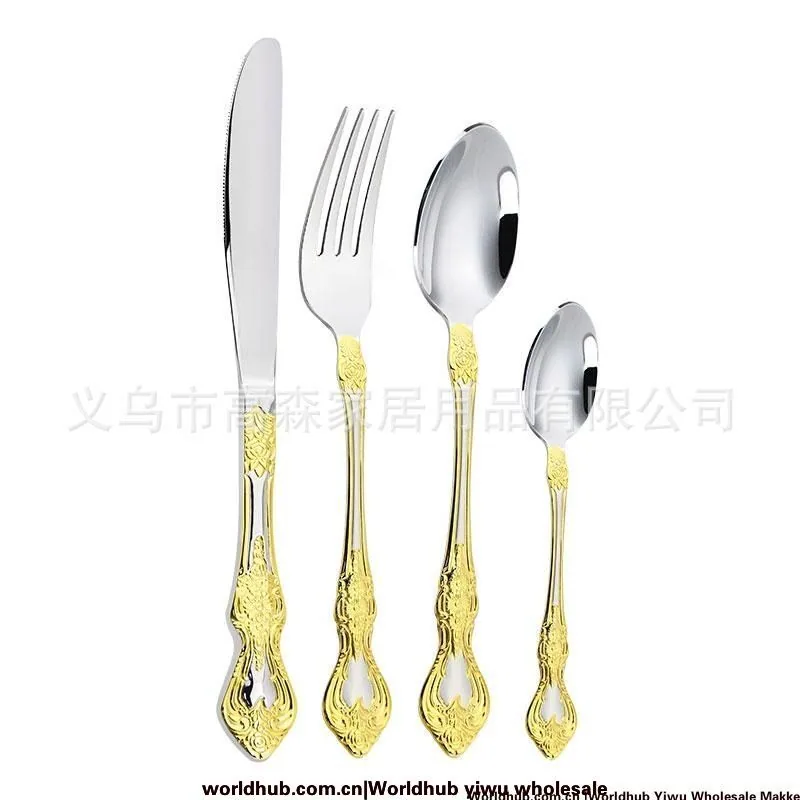 304 stainless steel cloth wheel mirror light plated crown 24pc western food knife, fork and spoon ware steak knife fruit fork