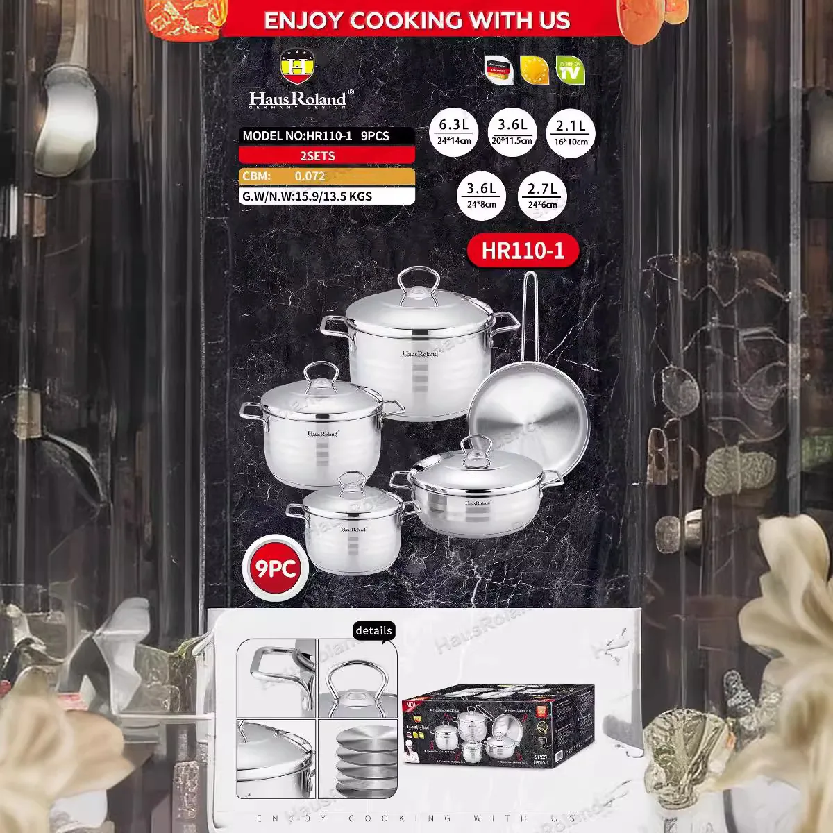 HausRoland stainless steel multifunctional steaming pot soup pot household double ear thickened double bottom set gift pot 5