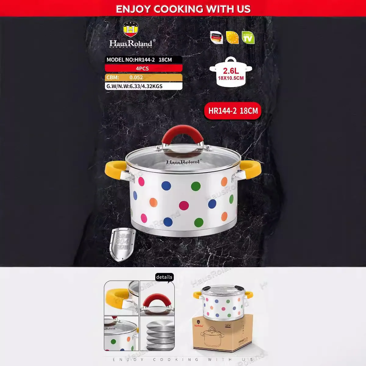 HausRoland stainless steel polka dot soup pot for household use, thickened soup pot, fashionable cross-border export pot, steami 3