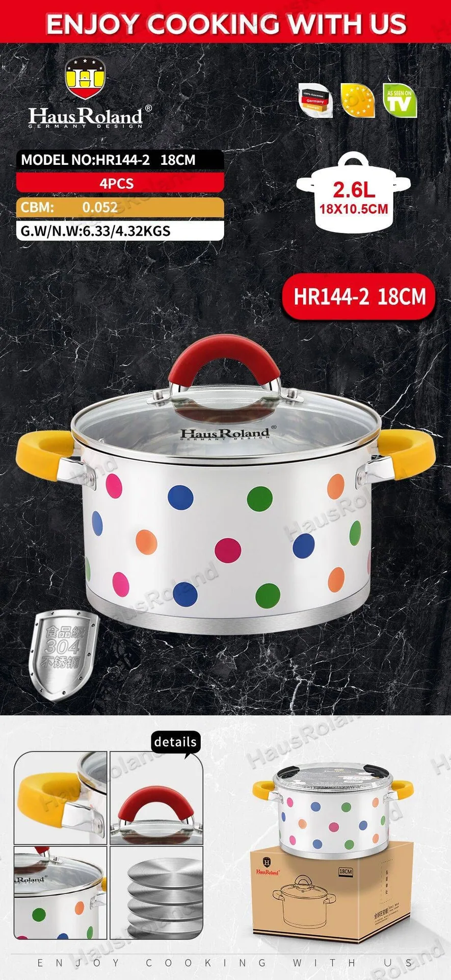 HausRoland stainless steel polka dot soup pot for household use, thickened soup pot, fashionable cross-border export pot, steami 4