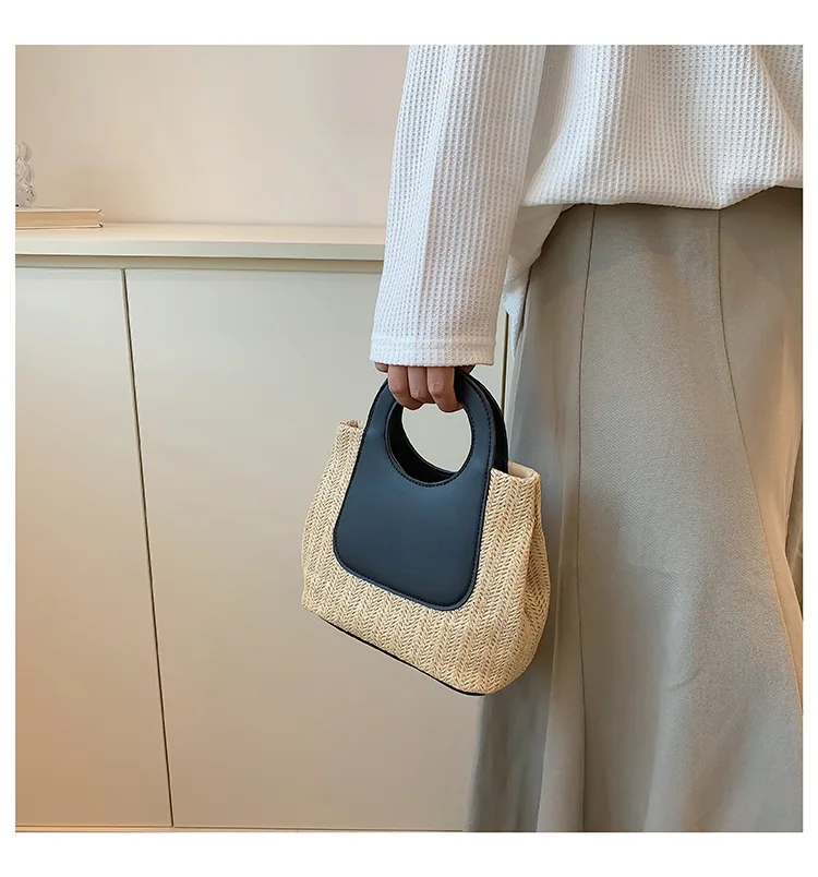 2024 Summer Vintage Contrast Patchwork Straw Bag Large Capacity Hand Woven Bag Simple and Stylish One Shoulder Tote Bag 23