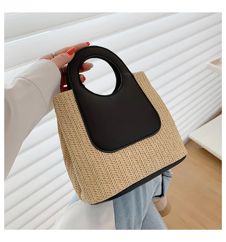 2024 Summer Vintage Contrast Patchwork Straw Bag Large Capacity Hand Woven Bag Simple and Stylish One Shoulder Tote Bag 19
