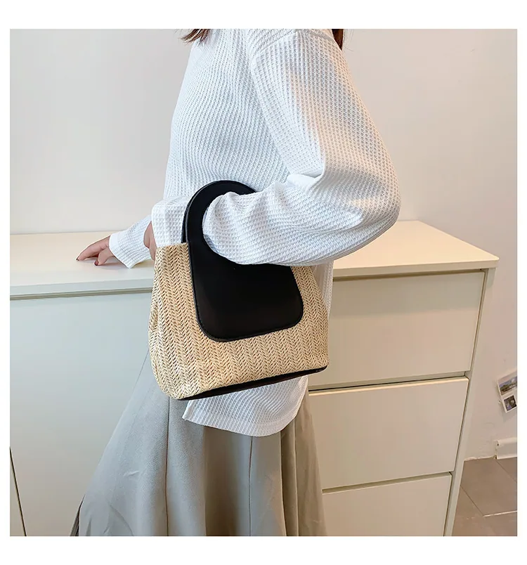 2024 Summer Vintage Contrast Patchwork Straw Bag Large Capacity Hand Woven Bag Simple and Stylish One Shoulder Tote Bag 24