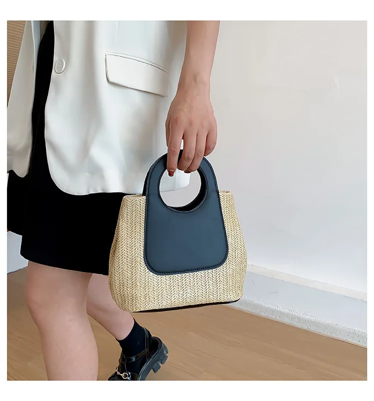 2024 Summer Vintage Contrast Patchwork Straw Bag Large Capacity Hand Woven Bag Simple and Stylish One Shoulder Tote Bag 16