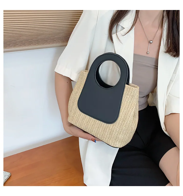 2024 Summer Vintage Contrast Patchwork Straw Bag Large Capacity Hand Woven Bag Simple and Stylish One Shoulder Tote Bag 20