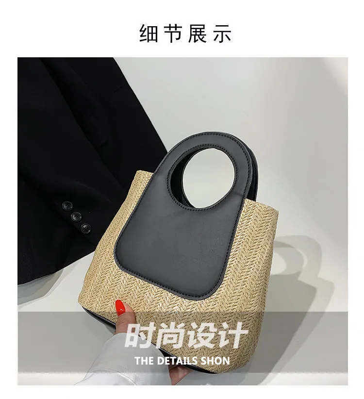 2024 Summer Vintage Contrast Patchwork Straw Bag Large Capacity Hand Woven Bag Simple and Stylish One Shoulder Tote Bag 9