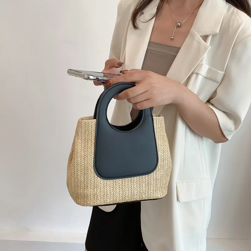 2024 Summer Vintage Contrast Patchwork Straw Bag Large Capacity Hand Woven Bag Simple and Stylish One Shoulder Tote Bag 4