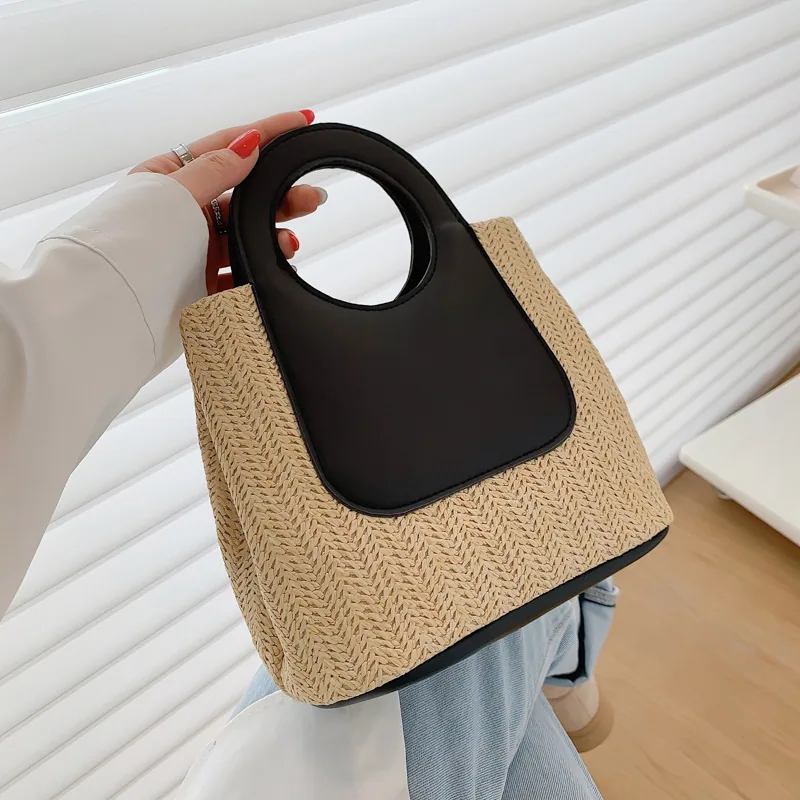 2024 Summer Vintage Contrast Patchwork Straw Bag Large Capacity Hand Woven Bag Simple and Stylish One Shoulder Tote Bag 5
