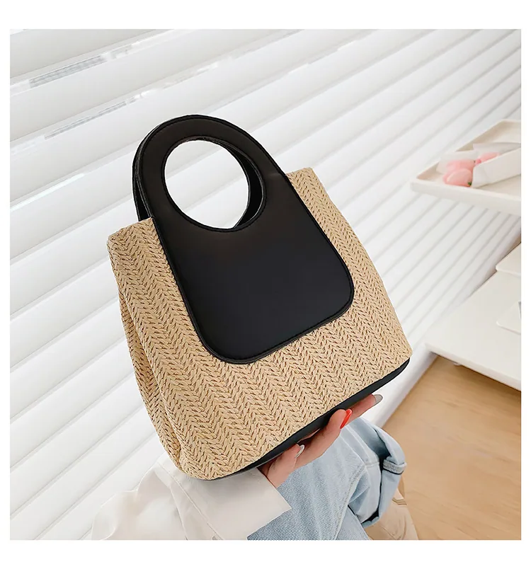 2024 Summer Vintage Contrast Patchwork Straw Bag Large Capacity Hand Woven Bag Simple and Stylish One Shoulder Tote Bag 22