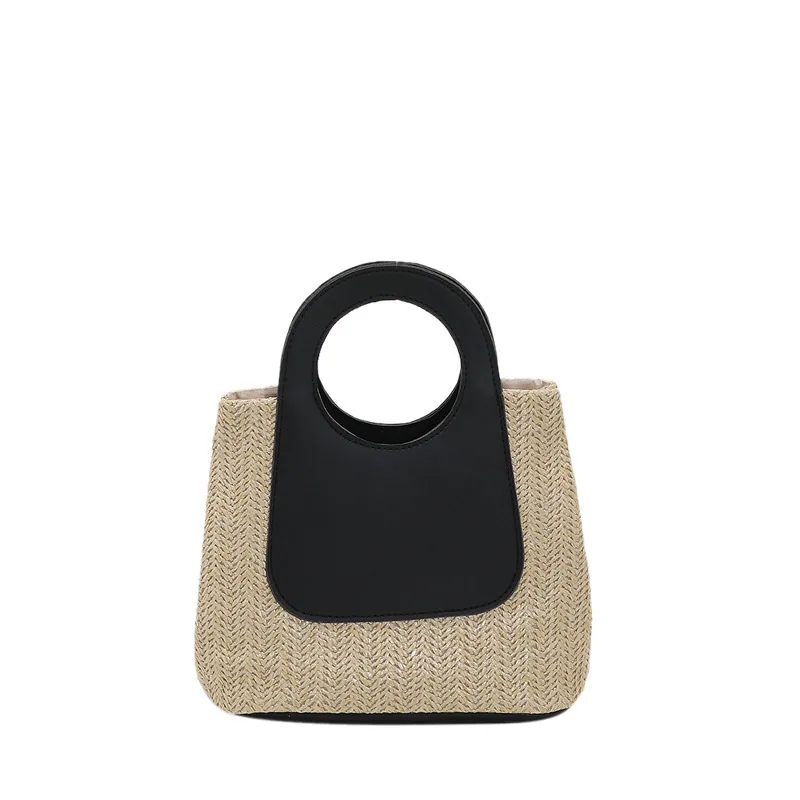 2024 Summer Vintage Contrast Patchwork Straw Bag Large Capacity Hand Woven Bag Simple and Stylish One Shoulder Tote Bag 3