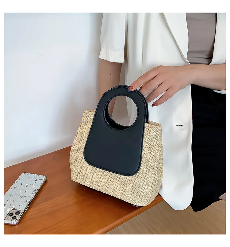 2024 Summer Vintage Contrast Patchwork Straw Bag Large Capacity Hand Woven Bag Simple and Stylish One Shoulder Tote Bag 18