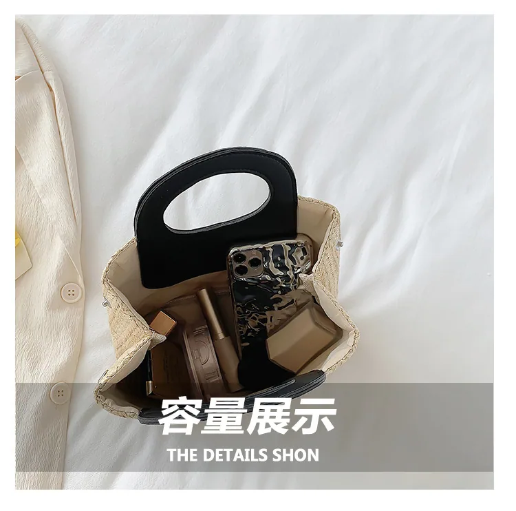 2024 Summer Vintage Contrast Patchwork Straw Bag Large Capacity Hand Woven Bag Simple and Stylish One Shoulder Tote Bag 11