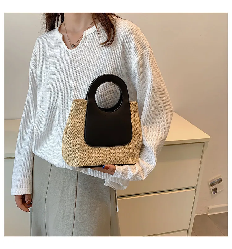 2024 Summer Vintage Contrast Patchwork Straw Bag Large Capacity Hand Woven Bag Simple and Stylish One Shoulder Tote Bag 26