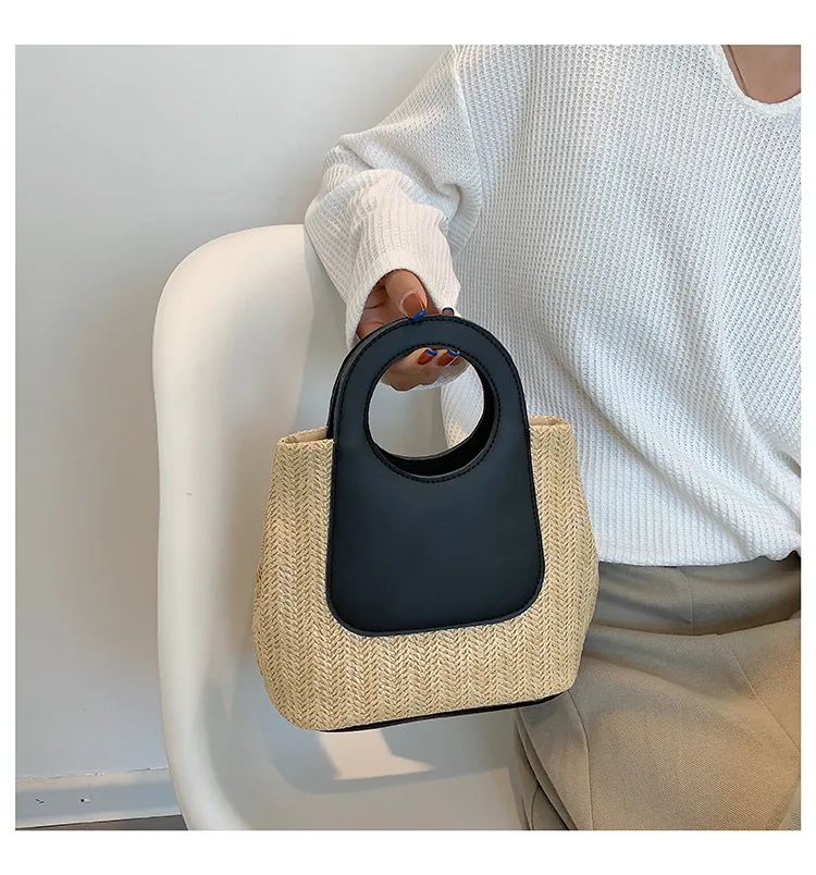 2024 Summer Vintage Contrast Patchwork Straw Bag Large Capacity Hand Woven Bag Simple and Stylish One Shoulder Tote Bag 25