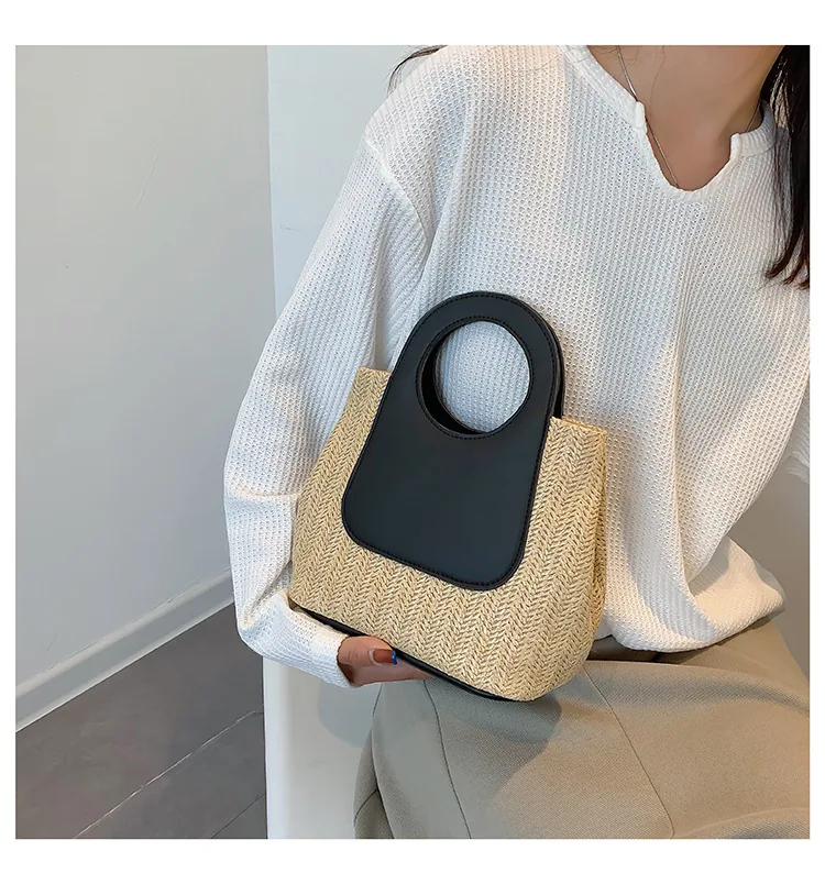 2024 Summer Vintage Contrast Patchwork Straw Bag Large Capacity Hand Woven Bag Simple and Stylish One Shoulder Tote Bag 27