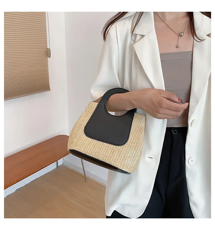 2024 Summer Vintage Contrast Patchwork Straw Bag Large Capacity Hand Woven Bag Simple and Stylish One Shoulder Tote Bag 13