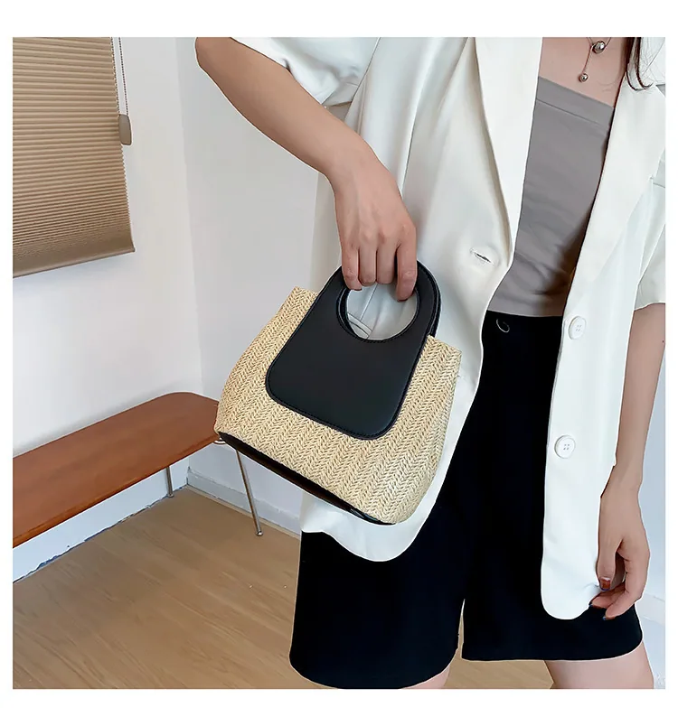2024 Summer Vintage Contrast Patchwork Straw Bag Large Capacity Hand Woven Bag Simple and Stylish One Shoulder Tote Bag 14