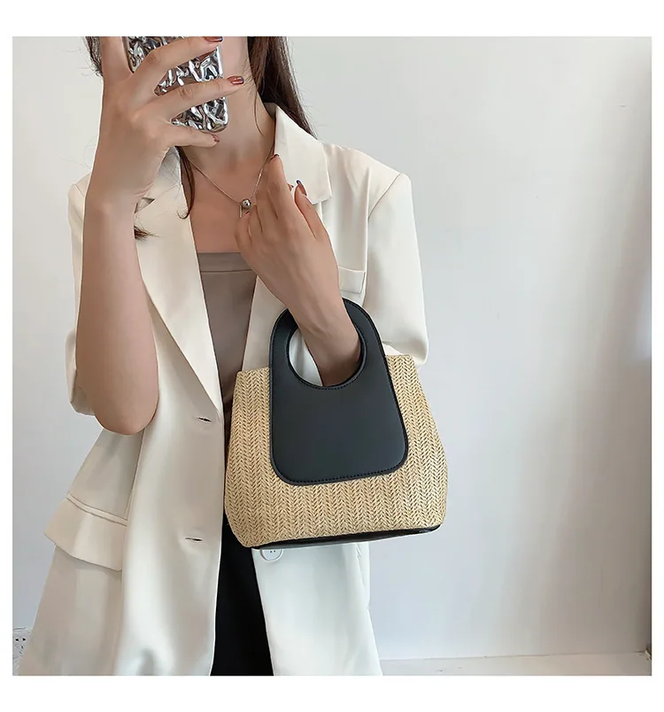 2024 Summer Vintage Contrast Patchwork Straw Bag Large Capacity Hand Woven Bag Simple and Stylish One Shoulder Tote Bag 17