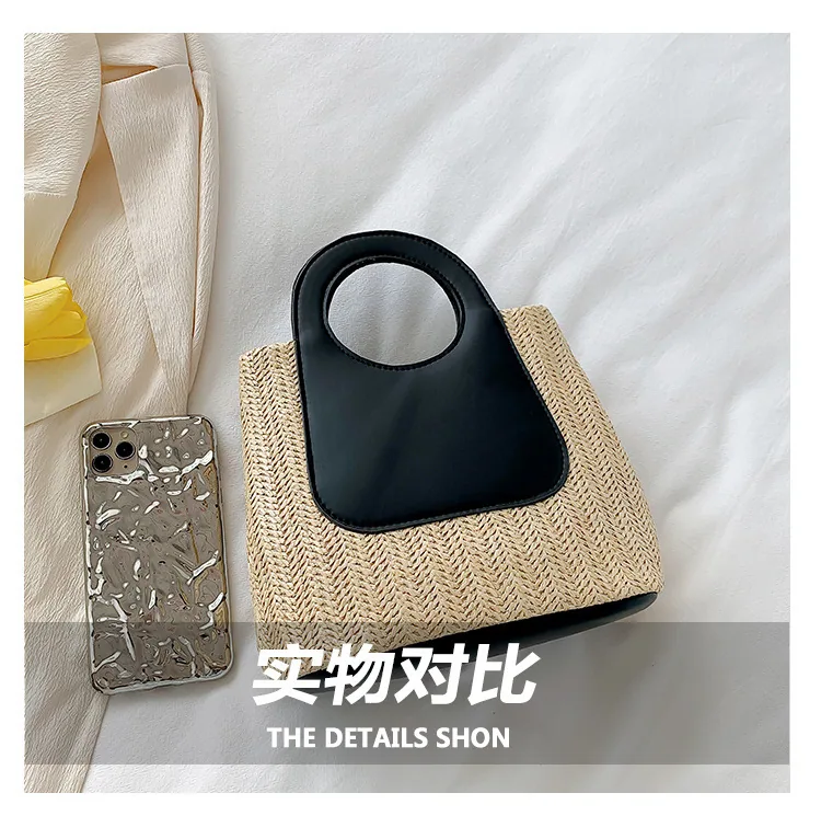 2024 Summer Vintage Contrast Patchwork Straw Bag Large Capacity Hand Woven Bag Simple and Stylish One Shoulder Tote Bag 15