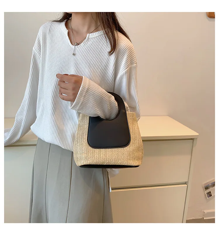 2024 Summer Vintage Contrast Patchwork Straw Bag Large Capacity Hand Woven Bag Simple and Stylish One Shoulder Tote Bag 21