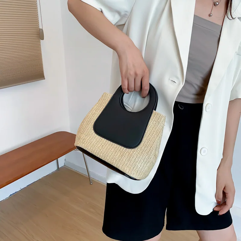 2024 Summer Vintage Contrast Patchwork Straw Bag Large Capacity Hand Woven Bag Simple and Stylish One Shoulder Tote Bag 2