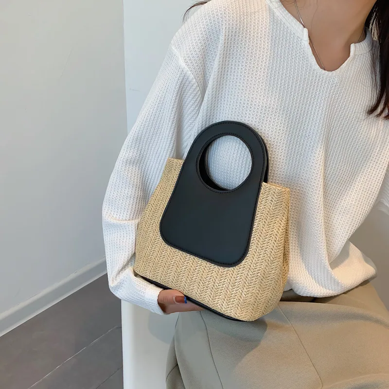 2024 Summer Vintage Contrast Patchwork Straw Bag Large Capacity Hand Woven Bag Simple and Stylish One Shoulder Tote Bag