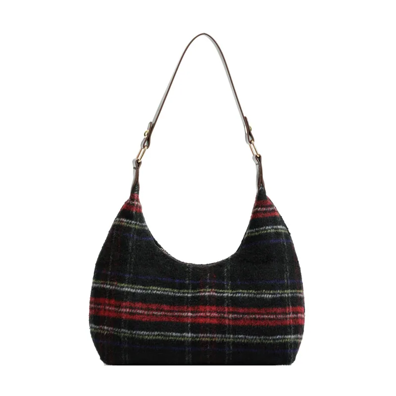 2023 new foreign temperament trendy fashion plaid shoulder armpit bag autumn and winter contrast simple woolen baguette bag
