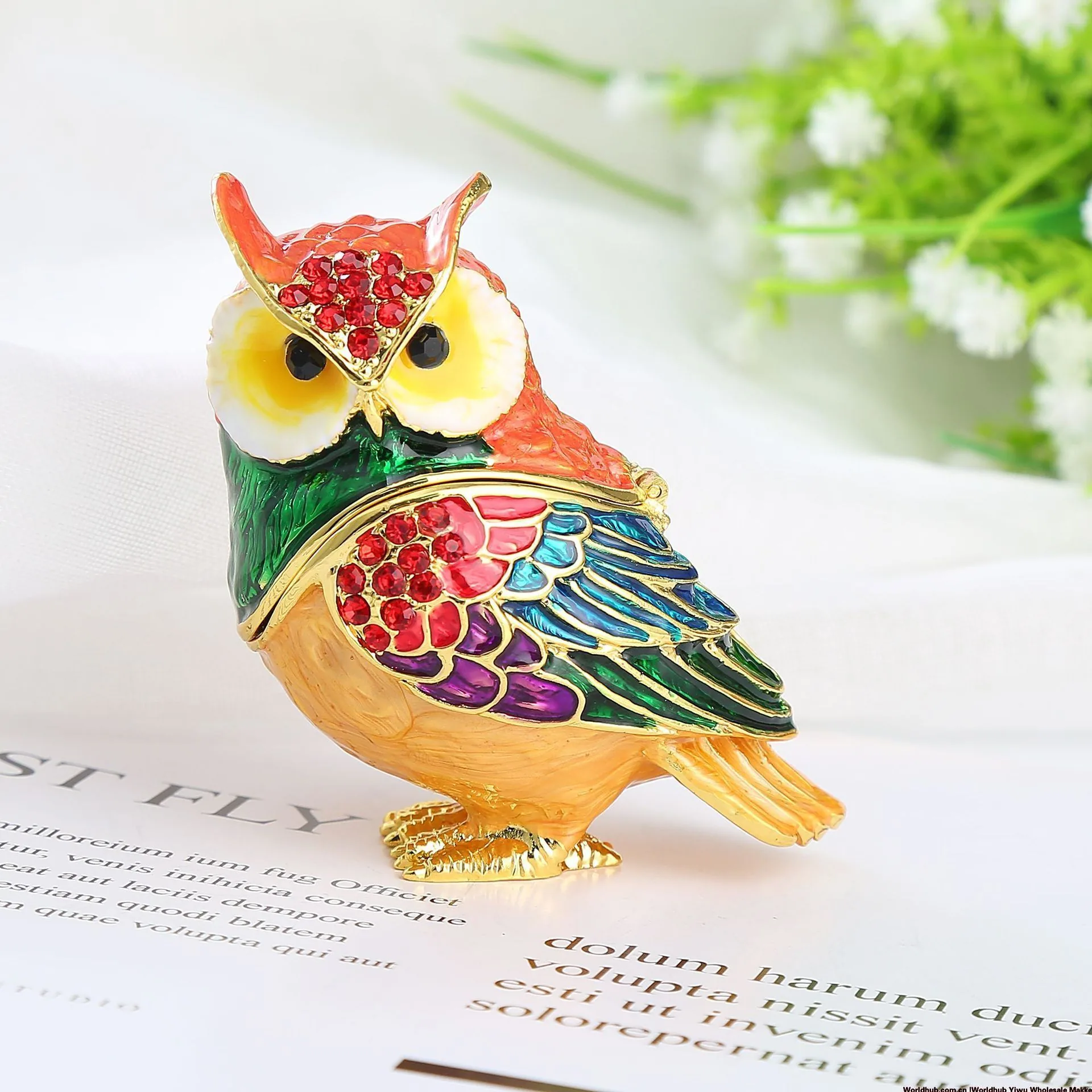 Cross-border creative home metal owl craft gift ornament enamel hand-painted diamond jewelry storage box 4