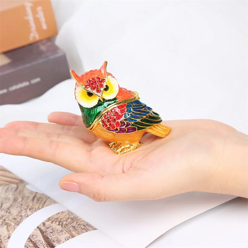 Cross-border creative home metal owl craft gift ornament enamel hand-painted diamond jewelry storage box