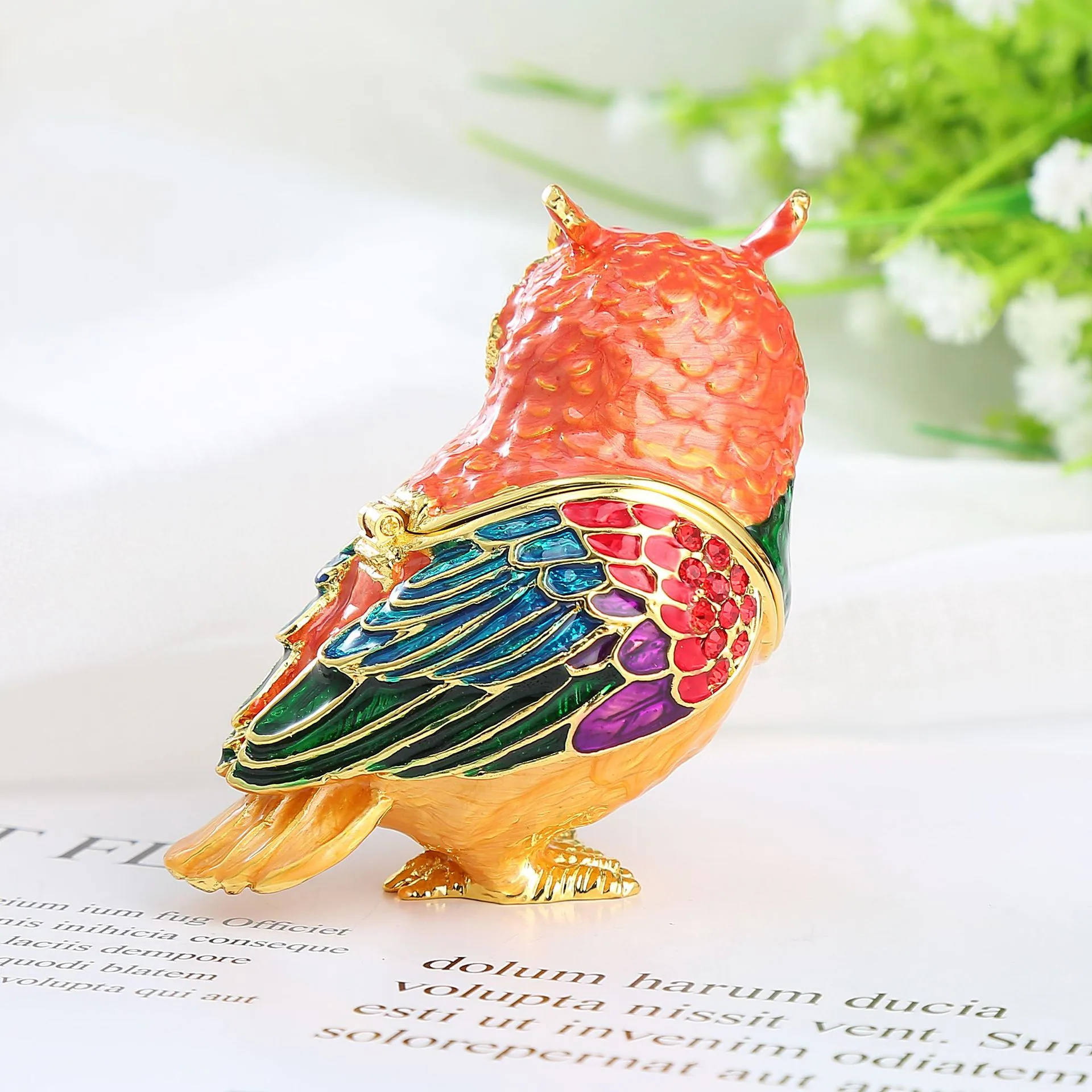 Cross-border creative home metal owl craft gift ornament enamel hand-painted diamond jewelry storage box 5