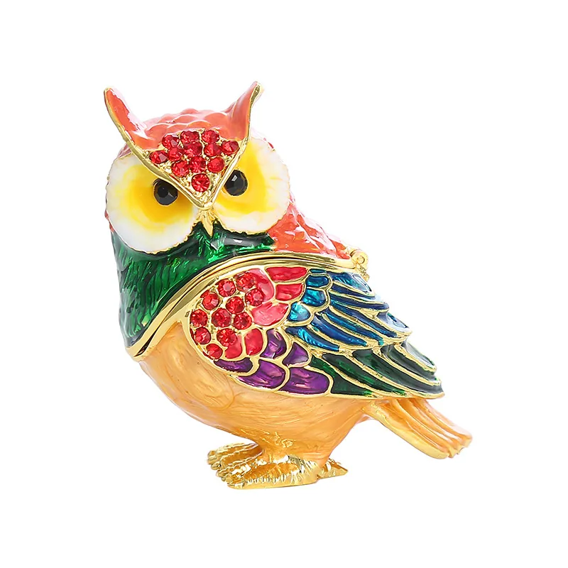 Cross-border creative home metal owl craft gift ornament enamel hand-painted diamond jewelry storage box 2