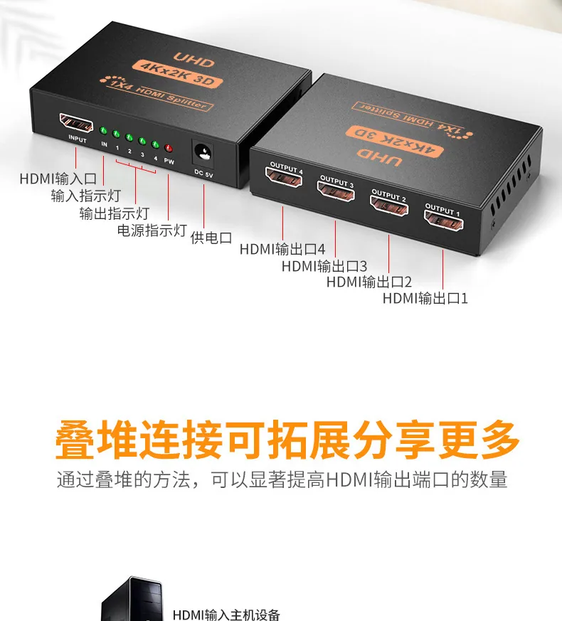 hdmi splitter 1 in 4 out 4K iron shell 1 point 4 video splitter splitter 2160p foreign trade cross-border model 10