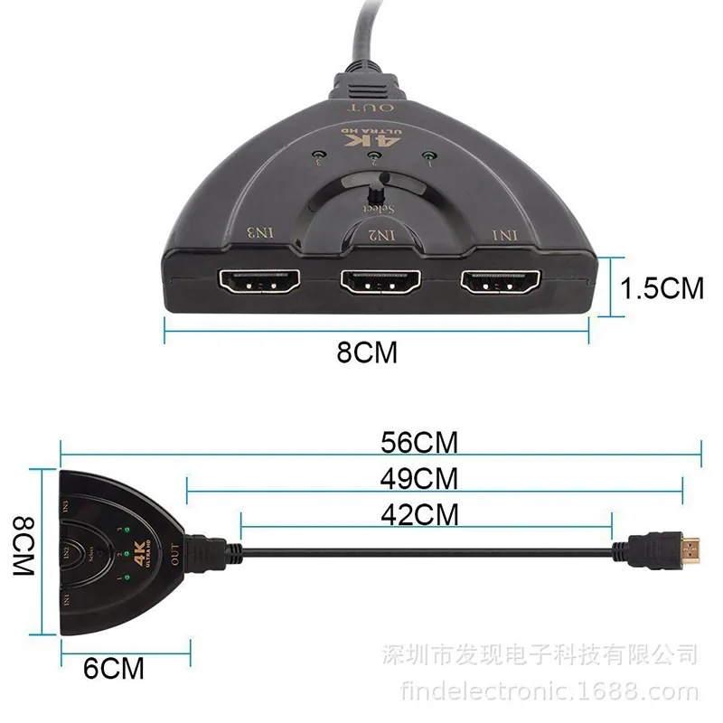 HDMI-3-Cut-One-Pig-Tail-4K2K-HDMI-Umschalter, drei-in-eins-Ausgang, HD-Umschalter, Laptop zum Fernseher 4