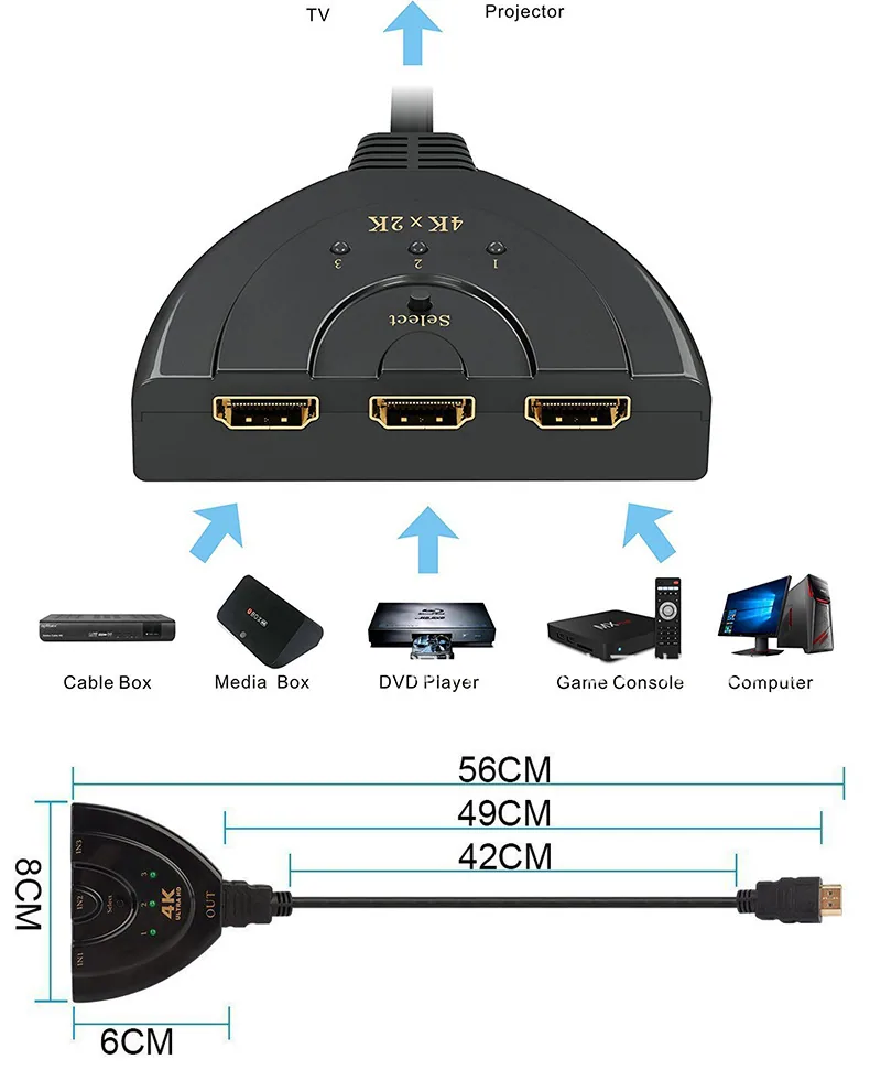 HDMI-3-Cut-One-Pig-Tail-4K2K-HDMI-Umschalter, drei-in-eins-Ausgang, HD-Umschalter, Laptop zum Fernseher 6