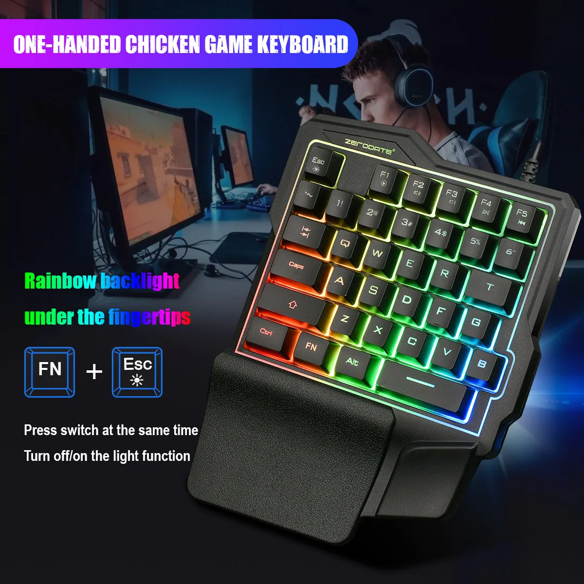 One-handed keyboard source factory mobile game equipment eating chicken throne mechanical feel wired colorful luminous gaming ke 16