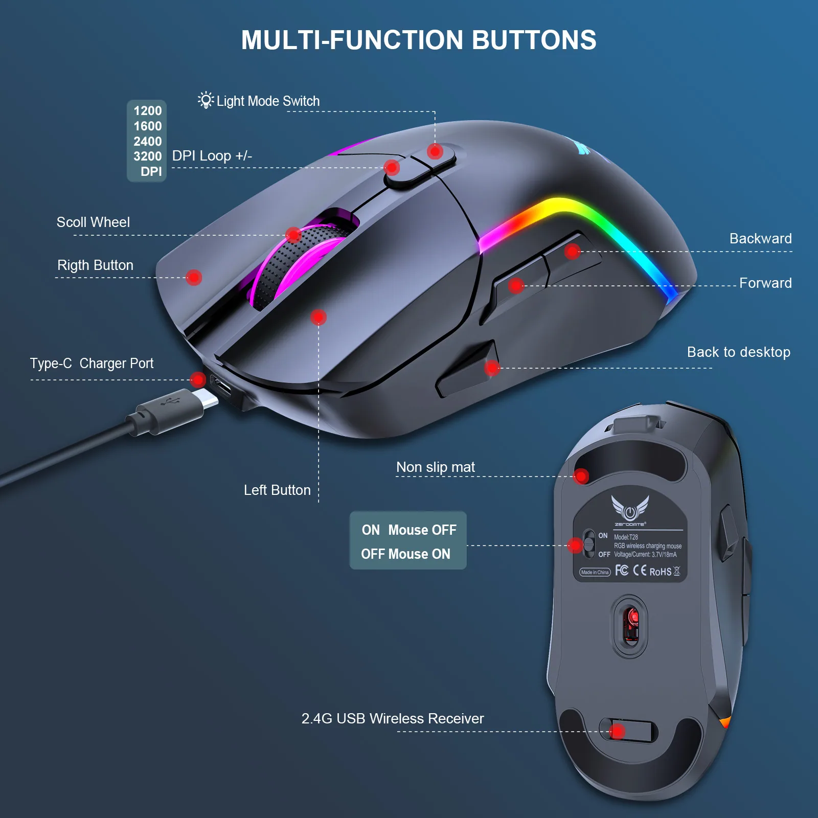 2.4G Wireless Dual Mode Wired Gaming Mouse Computer Notebook Gamer Office RGB Illuminated Mouse Span 7