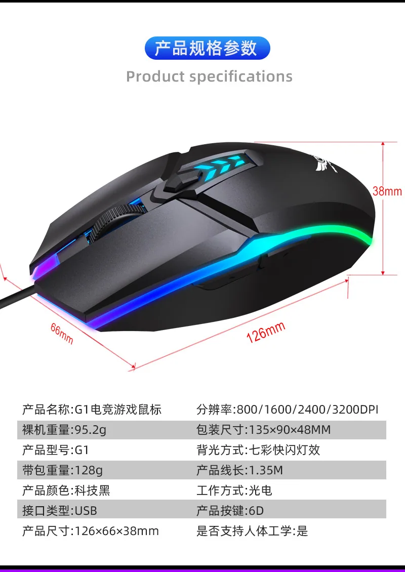 Game Mouse Source Factory Machinery Colorful Luminous RGB Competitive Home Office Wired Mouse Wholesale Customization 22