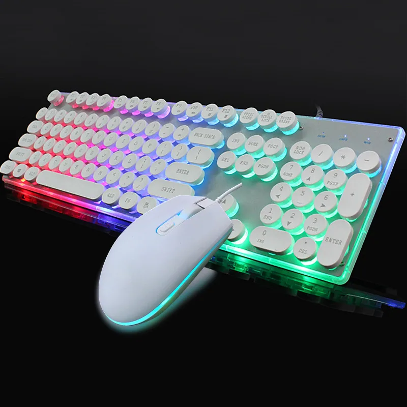 Cross-border wired keyboard mouse set mechanical feel rainbow luminous punk crystal round hat keyboard factory direct supply 6