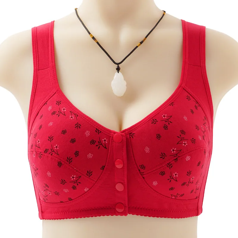 New printed front buckle underwear women's soft cotton vest middle-aged and elderly bra large size underwire underwear for women 6