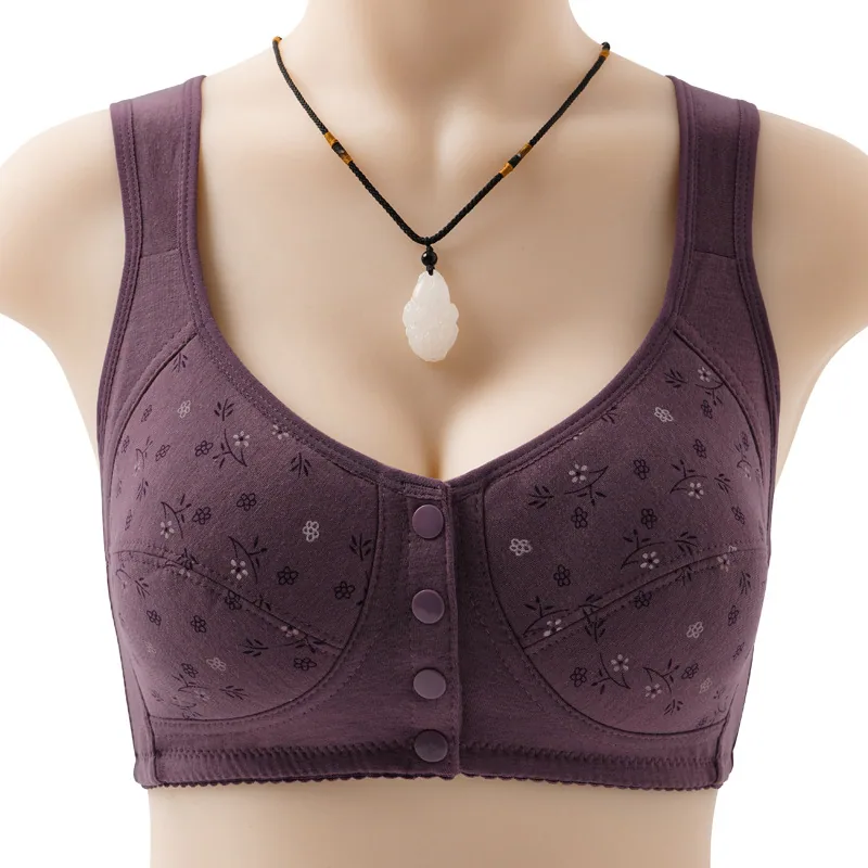 New printed front buckle underwear women's soft cotton vest middle-aged and elderly bra large size underwire underwear for women