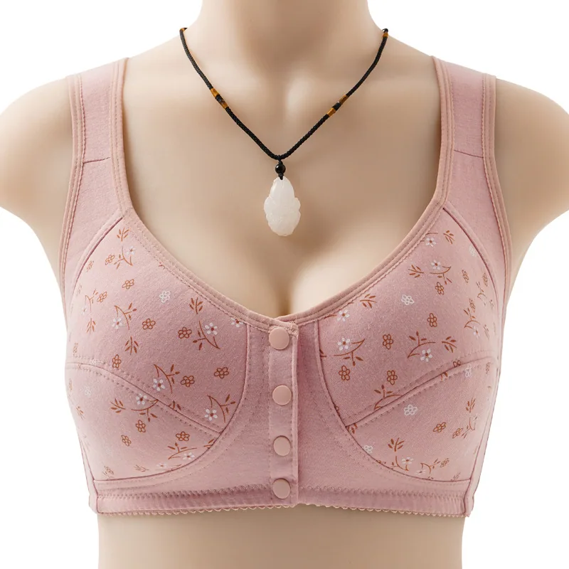 New printed front buckle underwear women's soft cotton vest middle-aged and elderly bra large size underwire underwear for women 2
