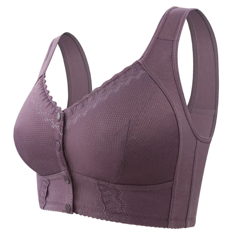 New soft cotton thin cup front buckle middle-aged and elderly underwear women's lace non-wire vest style oversized bra 4