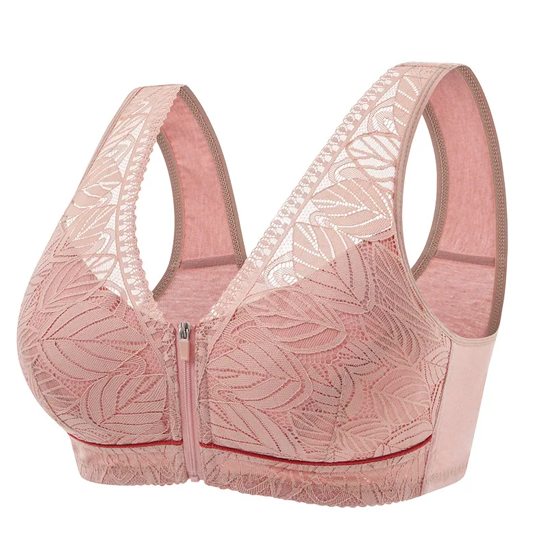 Soft cotton cup front zipper middle-aged and elderly underwear women's underwire vest lace new plus size bra 2