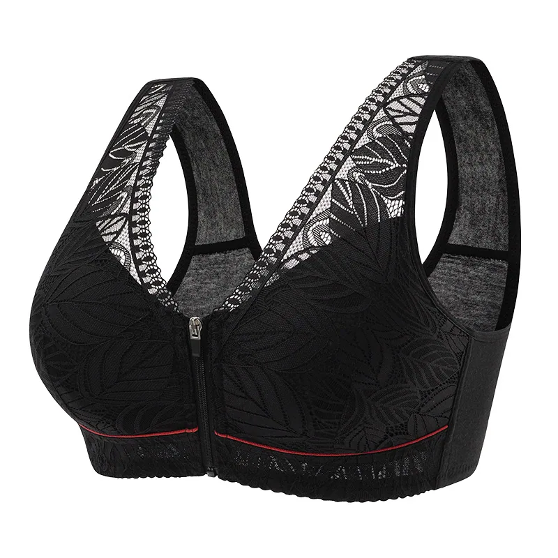 Soft cotton cup front zipper middle-aged and elderly underwear women's underwire vest lace new plus size bra