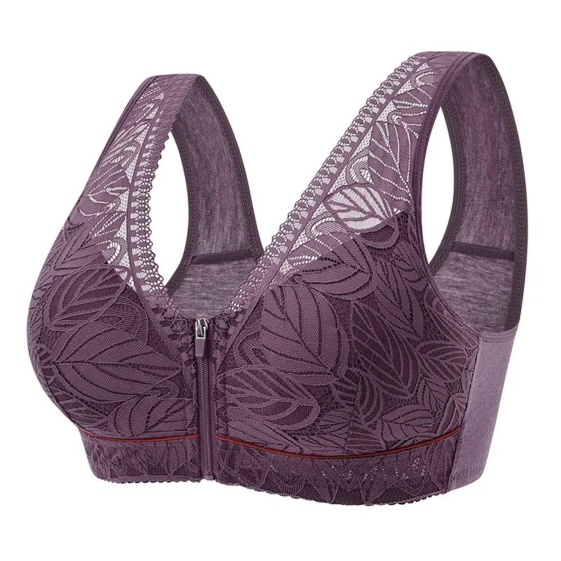 Soft cotton cup front zipper middle-aged and elderly underwear women's underwire vest lace new plus size bra 4