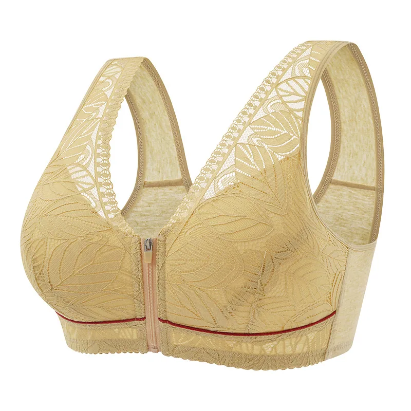 Soft cotton cup front zipper middle-aged and elderly underwear women's underwire vest lace new plus size bra 3