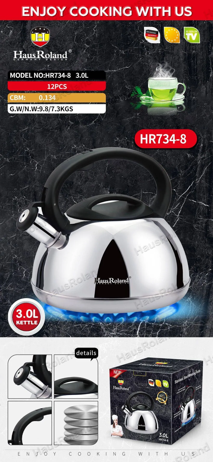 Stainless steel gas kettle thickened compound bottom whistle kettle 3L gas induction cooker can be used to boil kettle 8